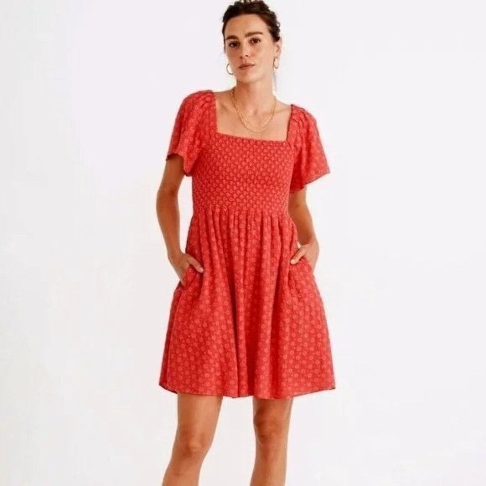 Madewell XL Eyelet Lucie Smocked Mini Dress Red Pink Pockets Boho Cottagecore